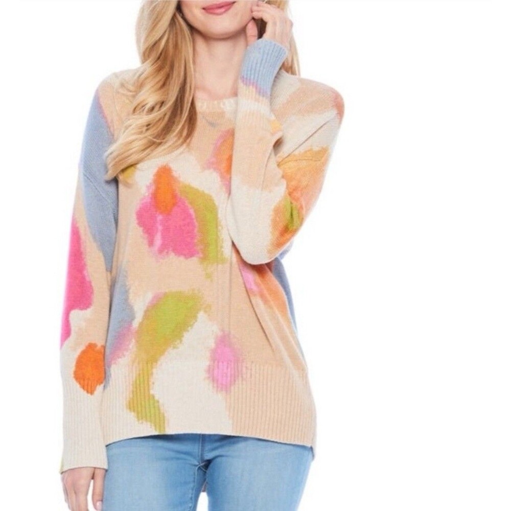 Nic+Zoe Womens Abstract Watercolor Knit Crewneck Sweater Multi Color XS